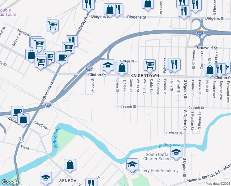 map of restaurants, bars, coffee shops, grocery stores, and more near 84 Spann Street in Buffalo