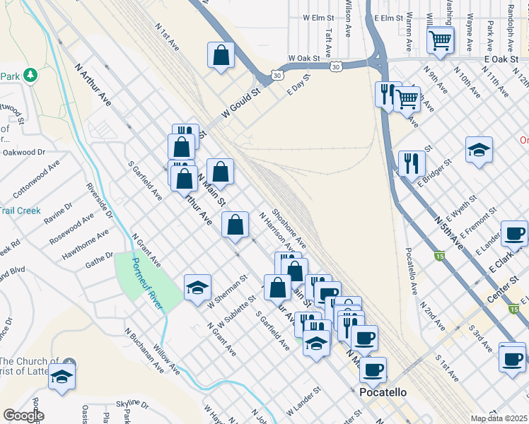 map of restaurants, bars, coffee shops, grocery stores, and more near 1044 North Harrison Avenue in Pocatello