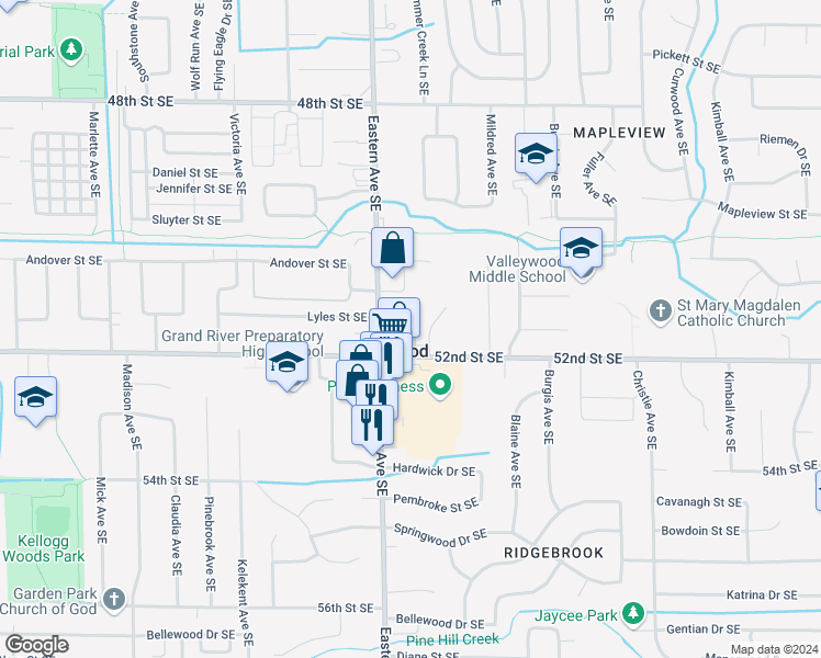map of restaurants, bars, coffee shops, grocery stores, and more near 5157 Southglow Court Southeast in Kentwood