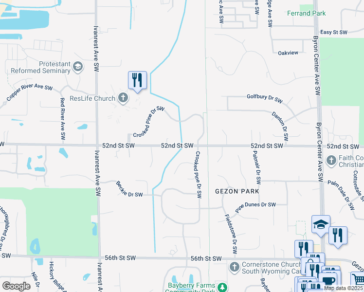 map of restaurants, bars, coffee shops, grocery stores, and more near 2938 52nd Street Southwest in Wyoming