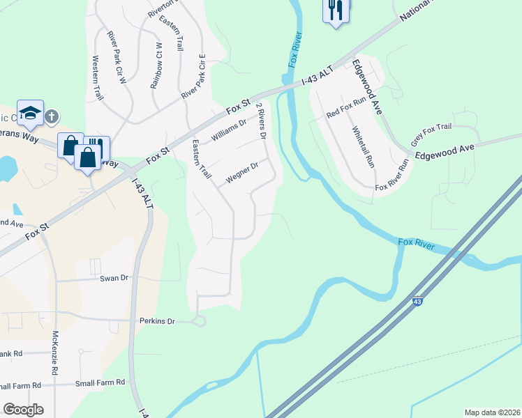 map of restaurants, bars, coffee shops, grocery stores, and more near 602 2 Rivers Drive in Mukwonago