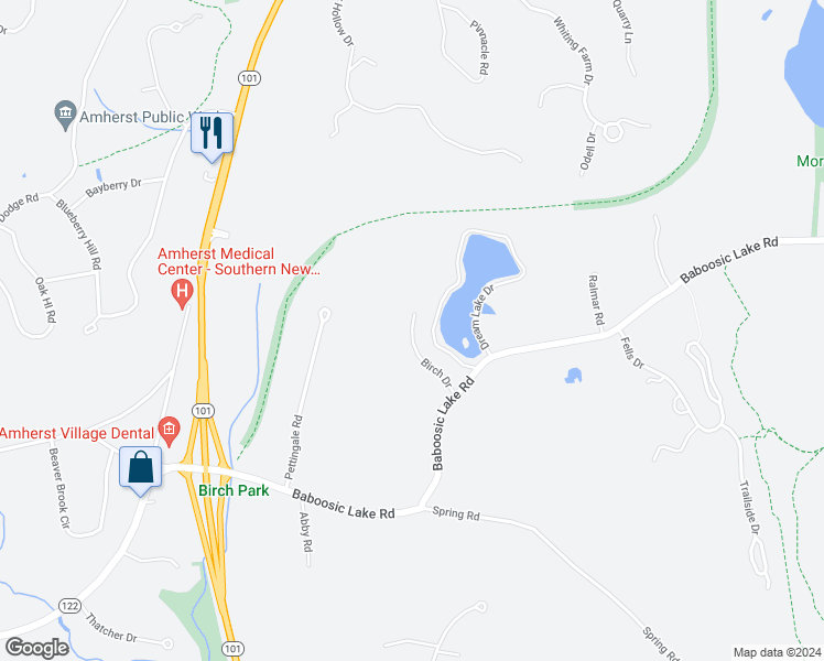 map of restaurants, bars, coffee shops, grocery stores, and more near 10 Birch Drive in Amherst