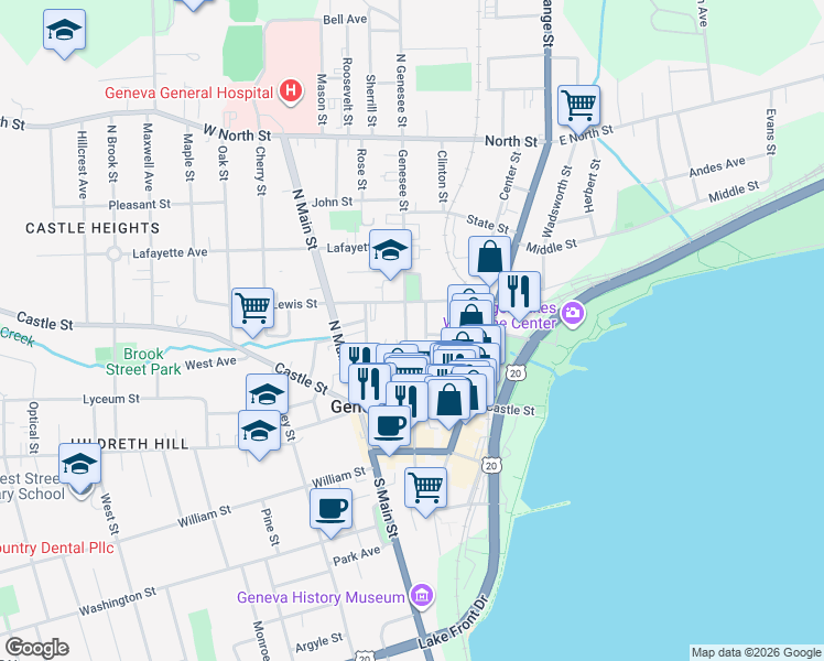 map of restaurants, bars, coffee shops, grocery stores, and more near 26 Geneva Street in Geneva