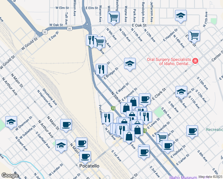 map of restaurants, bars, coffee shops, grocery stores, and more near 540 North 5th Avenue in Pocatello