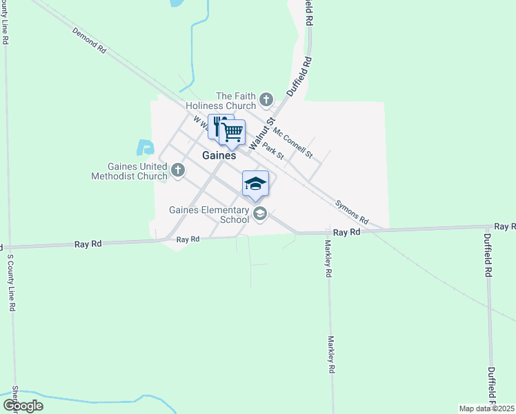 map of restaurants, bars, coffee shops, grocery stores, and more near 300 West Lansing Street in Gaines