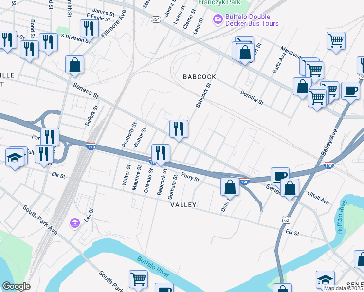 map of restaurants, bars, coffee shops, grocery stores, and more near 1207 Seneca Street in Buffalo