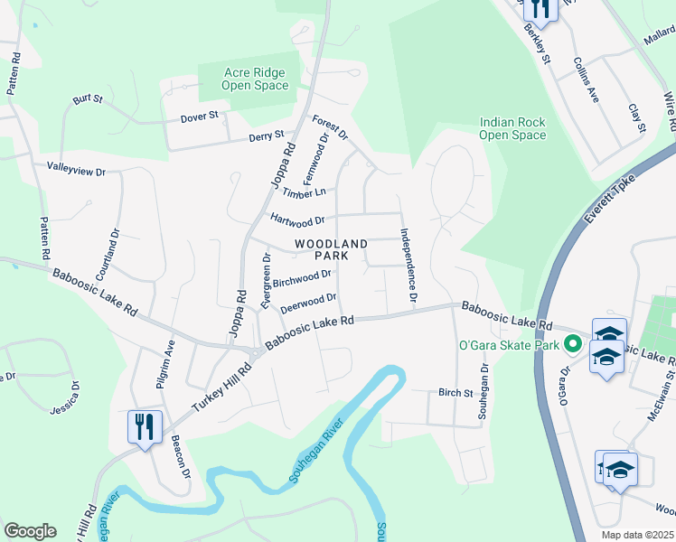 map of restaurants, bars, coffee shops, grocery stores, and more near 9 Woodland Dr in Merrimack