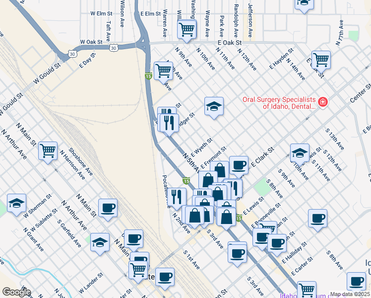 map of restaurants, bars, coffee shops, grocery stores, and more near 540 North 5th Avenue in Pocatello
