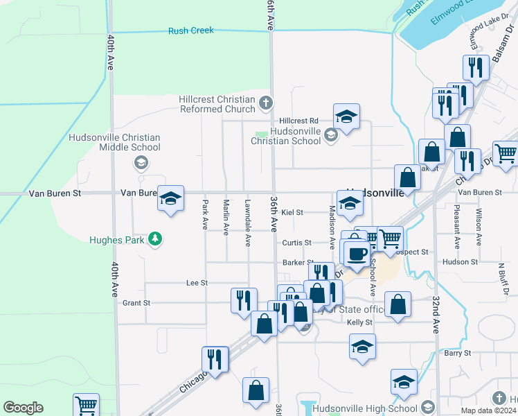 map of restaurants, bars, coffee shops, grocery stores, and more near 3650 Van Buren Street in Hudsonville