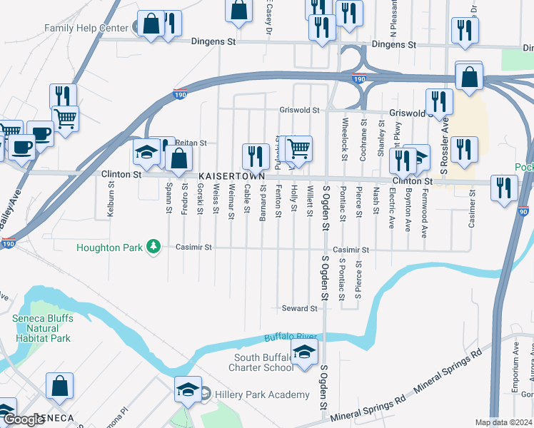 map of restaurants, bars, coffee shops, grocery stores, and more near 189 Barnard Street in Buffalo