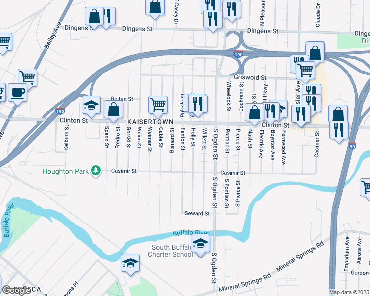 map of restaurants, bars, coffee shops, grocery stores, and more near 275 Holly Street in Buffalo