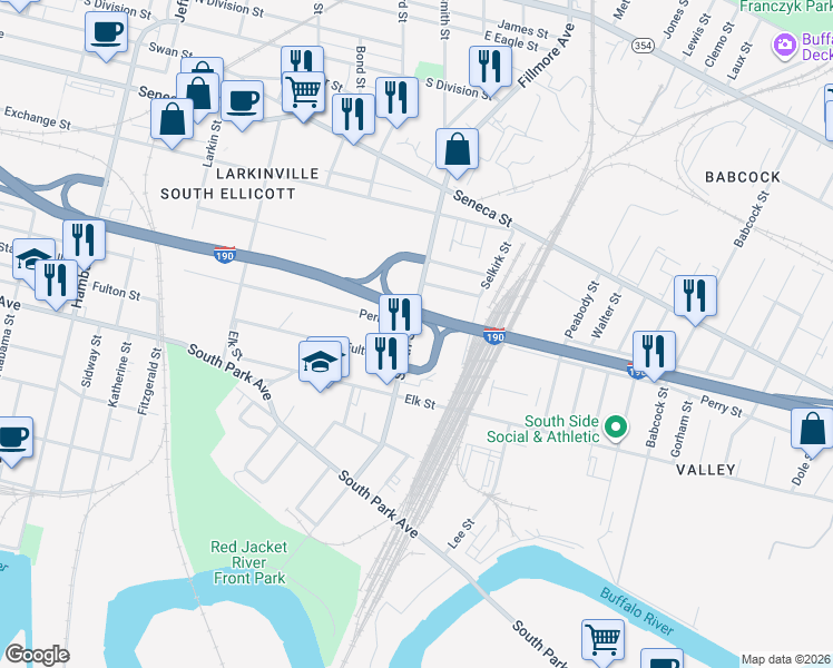 map of restaurants, bars, coffee shops, grocery stores, and more near 311 Smith Street in Buffalo