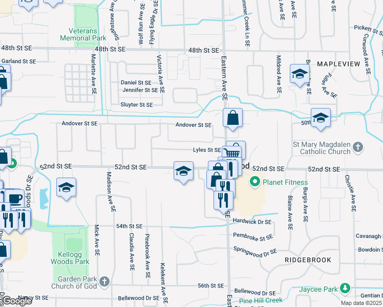 map of restaurants, bars, coffee shops, grocery stores, and more near 641 52nd Street Southeast in Grand Rapids