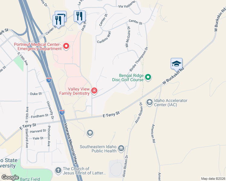 map of restaurants, bars, coffee shops, grocery stores, and more near 2475 Birdie Thompson Drive in Pocatello