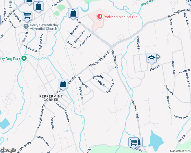 map of restaurants, bars, coffee shops, grocery stores, and more near 9 Phillip Road in Derry