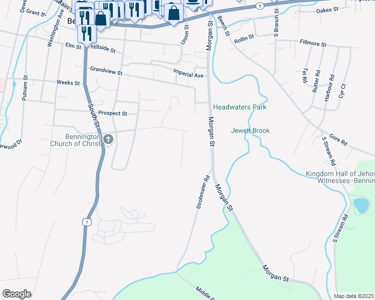 map of restaurants, bars, coffee shops, grocery stores, and more near 7 Margaret Lane in Bennington