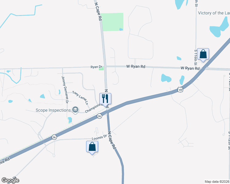 map of restaurants, bars, coffee shops, grocery stores, and more near W125S9690 North Cape Road in Muskego