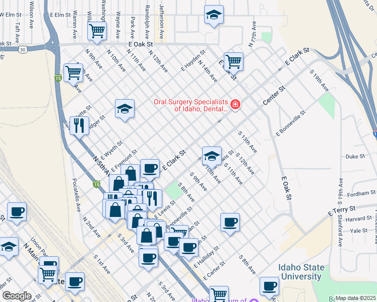 map of restaurants, bars, coffee shops, grocery stores, and more near 155 North 10th Avenue in Pocatello
