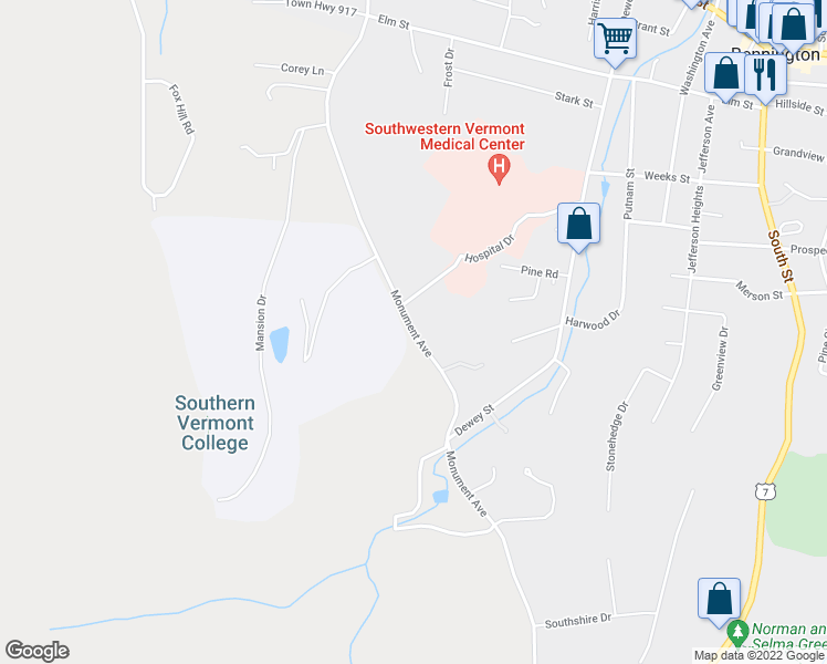 map of restaurants, bars, coffee shops, grocery stores, and more near Monument Avenue in Bennington County