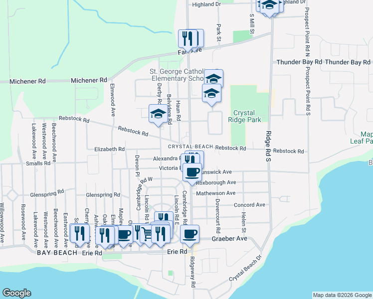 map of restaurants, bars, coffee shops, grocery stores, and more near 3879 Rebstock Road in Fort Erie