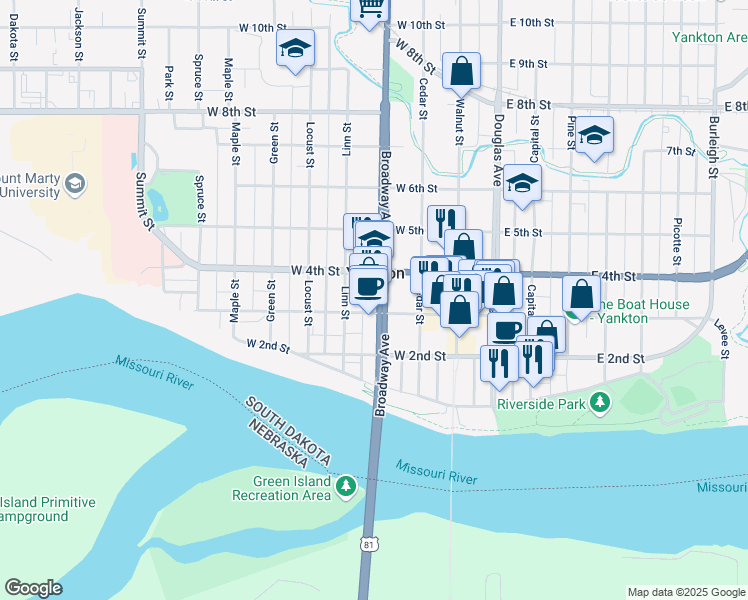 map of restaurants, bars, coffee shops, grocery stores, and more near 408-410 W 3rd St in Yankton