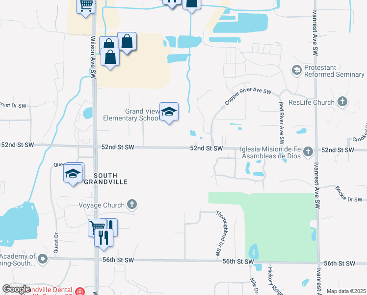 map of restaurants, bars, coffee shops, grocery stores, and more near 3701 52nd Street Southwest in Grandville