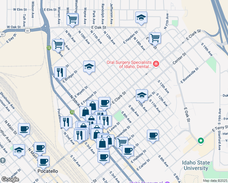 map of restaurants, bars, coffee shops, grocery stores, and more near in Pocatello