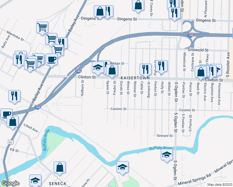 map of restaurants, bars, coffee shops, grocery stores, and more near 112 Gorski Street in Buffalo