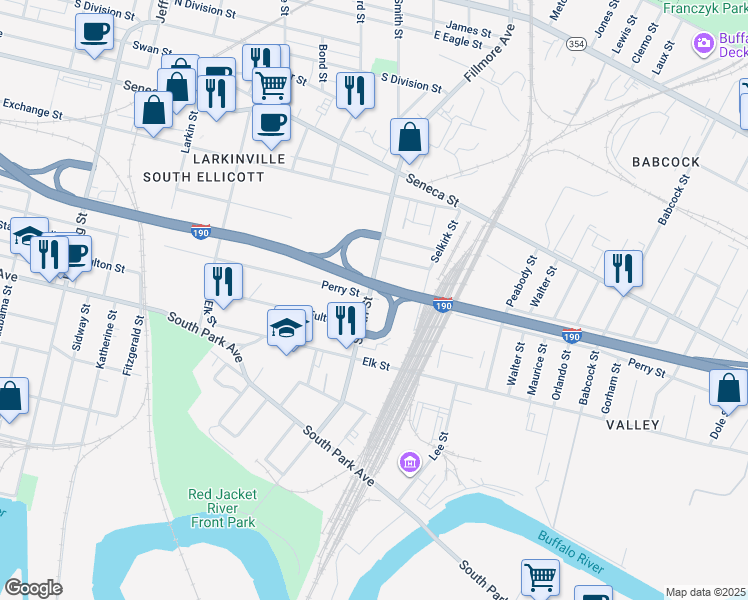 map of restaurants, bars, coffee shops, grocery stores, and more near 311 Smith Street in Buffalo
