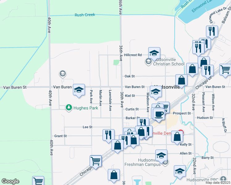 map of restaurants, bars, coffee shops, grocery stores, and more near 3650 Van Buren Street in Hudsonville