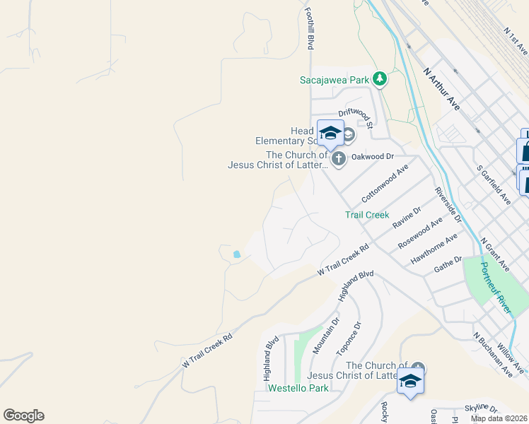 map of restaurants, bars, coffee shops, grocery stores, and more near 1402 De Salle Court in Pocatello
