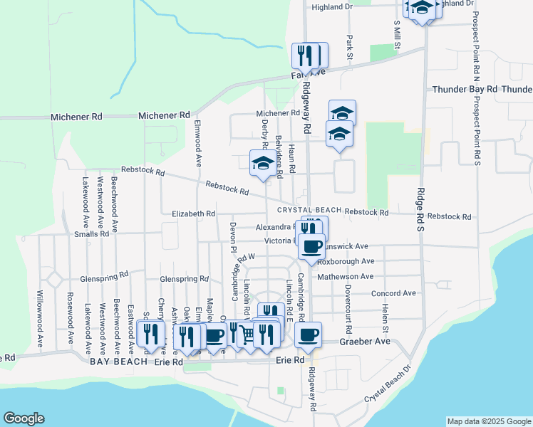 map of restaurants, bars, coffee shops, grocery stores, and more near Derby Road in Fort Erie