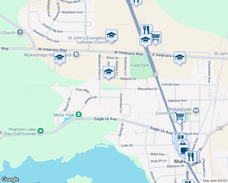 map of restaurants, bars, coffee shops, grocery stores, and more near 304 Ahrens Drive in Mukwonago