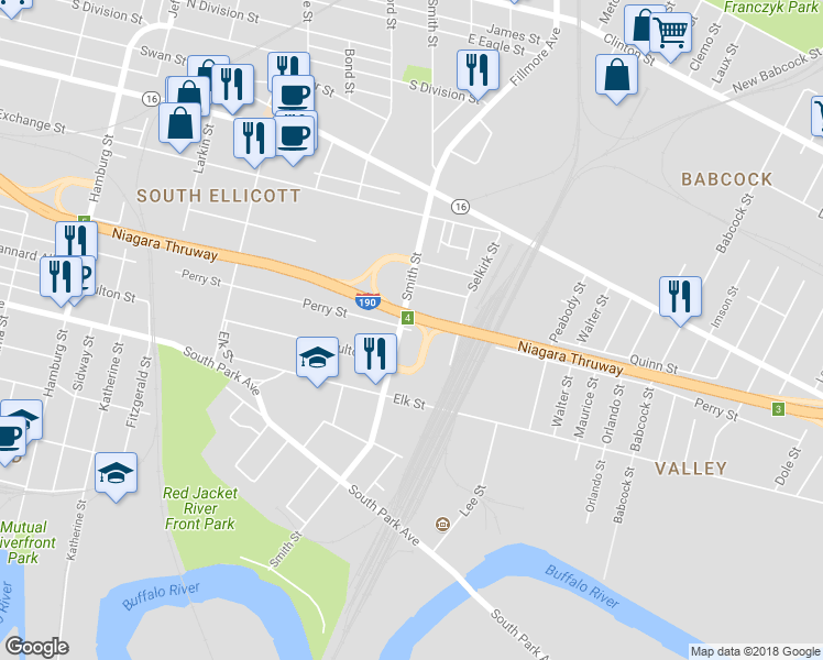 map of restaurants, bars, coffee shops, grocery stores, and more near 882 Perry Street in Buffalo