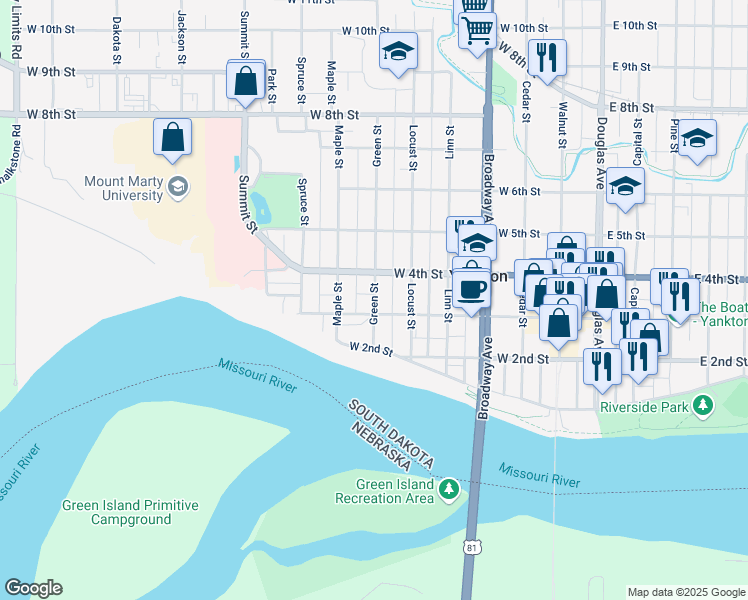 map of restaurants, bars, coffee shops, grocery stores, and more near 307 Green Street in Yankton