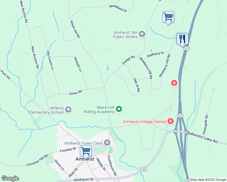 map of restaurants, bars, coffee shops, grocery stores, and more near 17 Mack Hill Road in Amherst