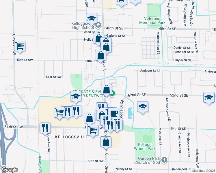 map of restaurants, bars, coffee shops, grocery stores, and more near 5090 Division Avenue South in Kentwood