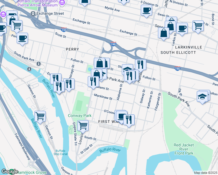 map of restaurants, bars, coffee shops, grocery stores, and more near 200 Miami Street in Buffalo
