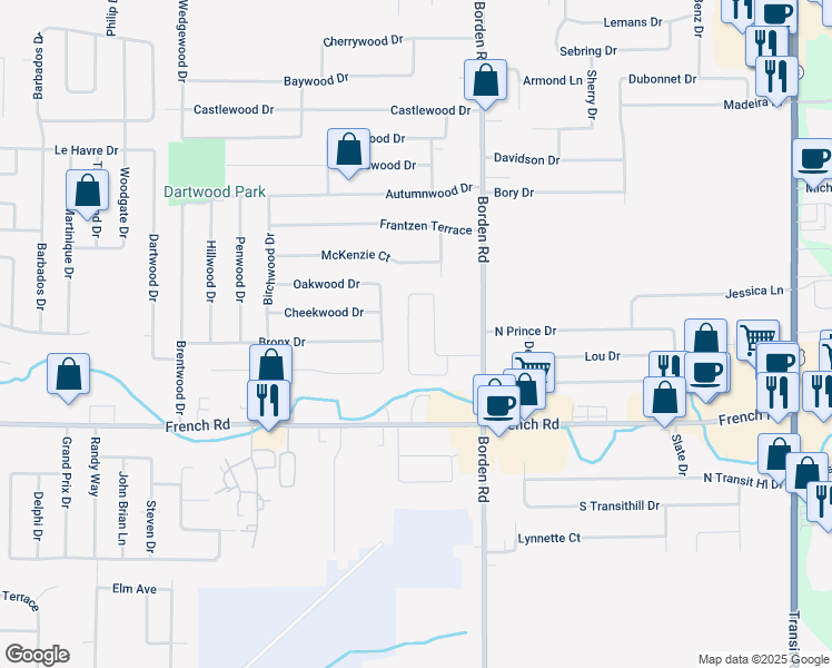 map of restaurants, bars, coffee shops, grocery stores, and more near 90 Gary Lane in Buffalo