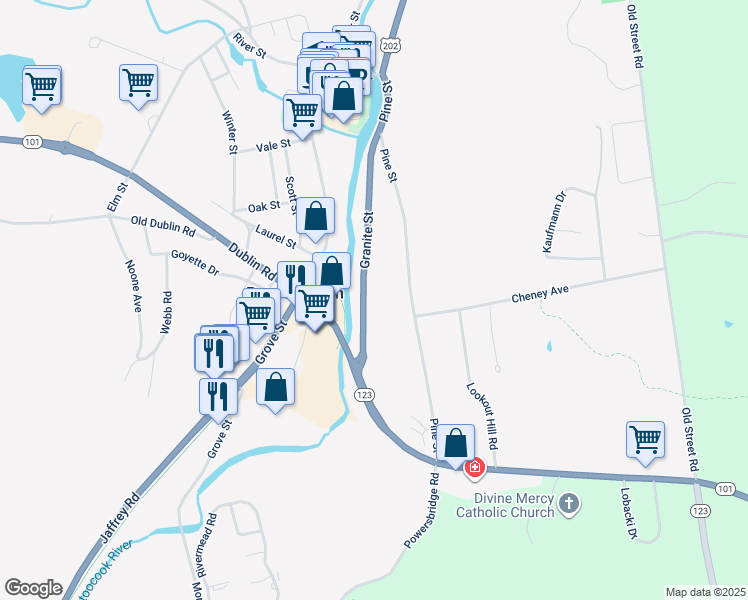 map of restaurants, bars, coffee shops, grocery stores, and more near 33 Granite Street in Peterborough