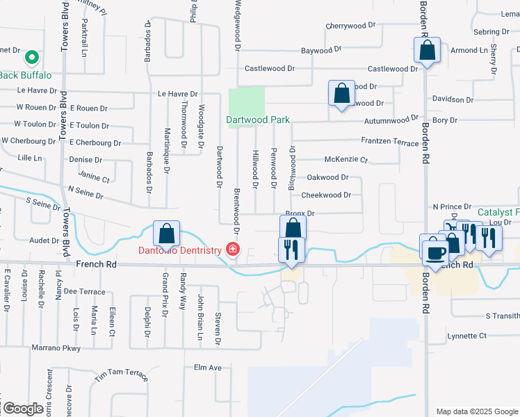 map of restaurants, bars, coffee shops, grocery stores, and more near 43 Bronx Drive in Buffalo