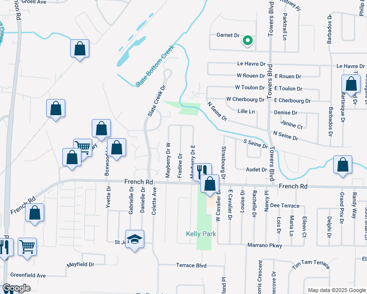 map of restaurants, bars, coffee shops, grocery stores, and more near 48 Fradine Drive in Buffalo