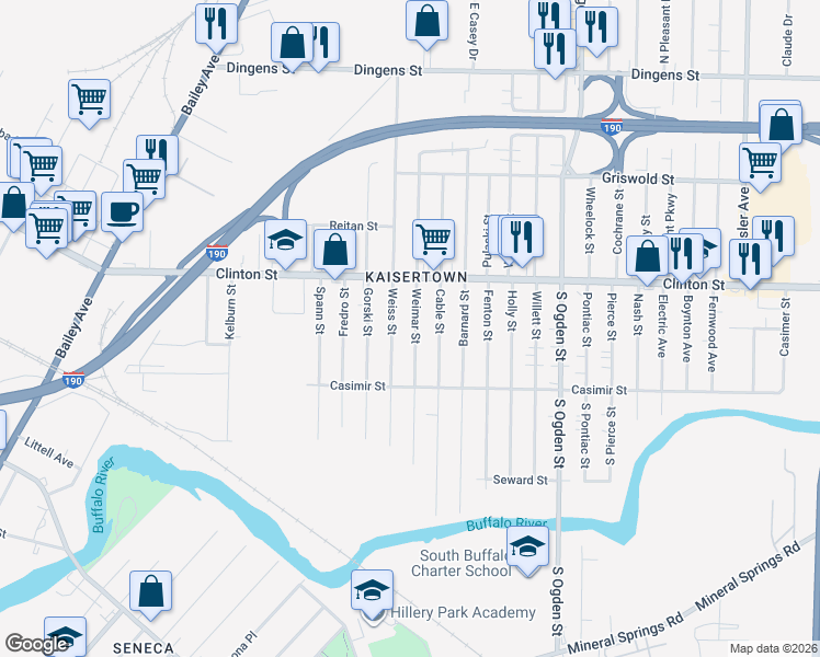 map of restaurants, bars, coffee shops, grocery stores, and more near 113 Weiss Street in Buffalo