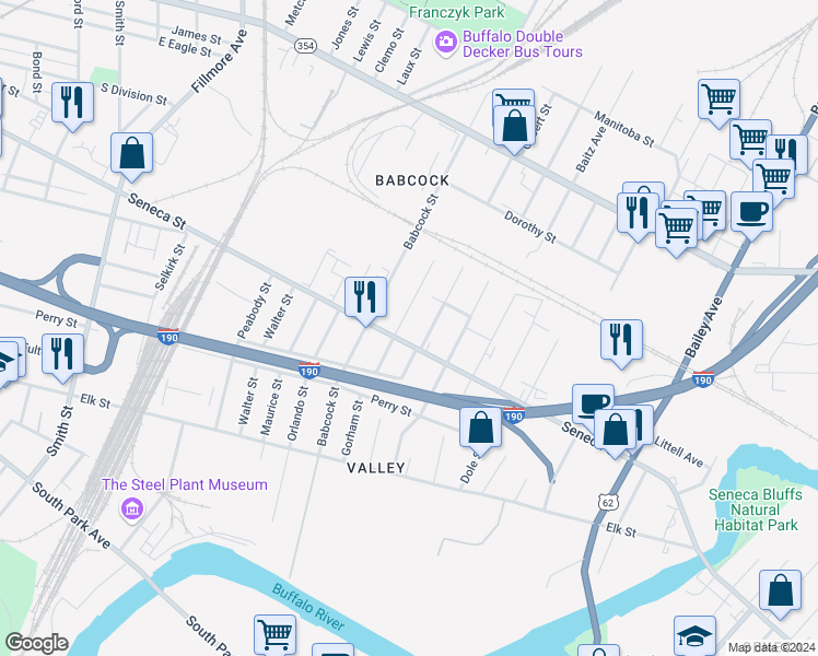 map of restaurants, bars, coffee shops, grocery stores, and more near in Buffalo