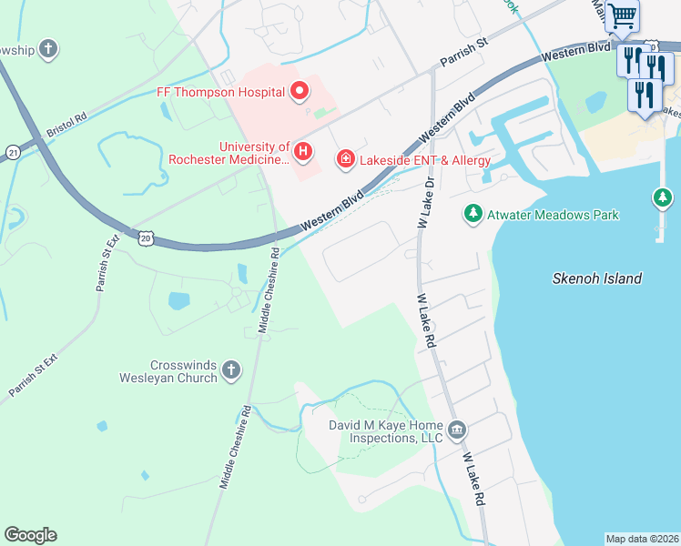 map of restaurants, bars, coffee shops, grocery stores, and more near 97 Deerfield Drive in Canandaigua