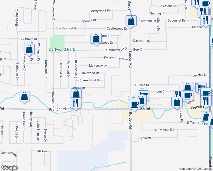 map of restaurants, bars, coffee shops, grocery stores, and more near 183 Sprucewood Drive in Buffalo