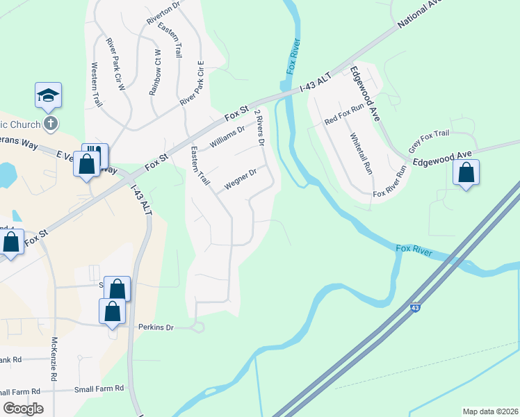 map of restaurants, bars, coffee shops, grocery stores, and more near 602 2 Rivers Drive in Mukwonago