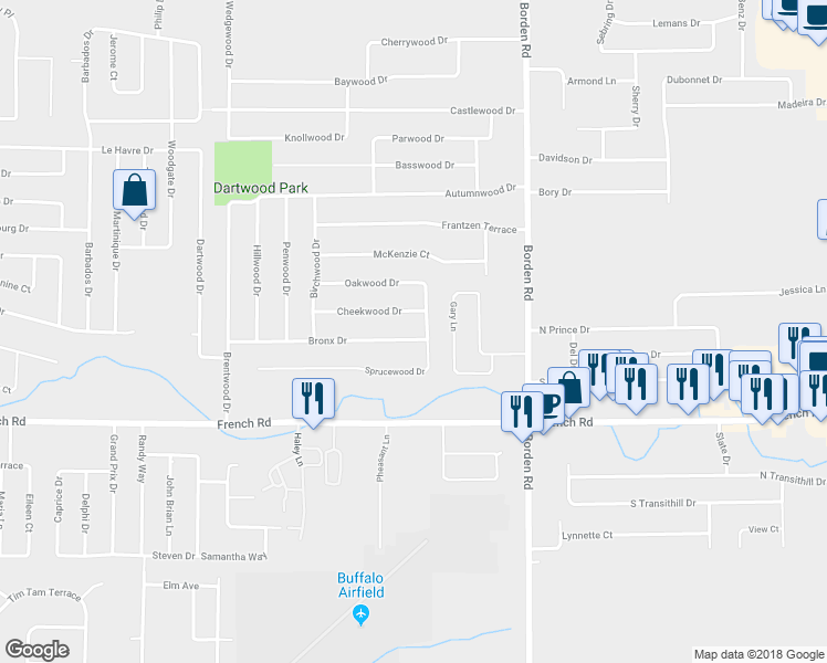 map of restaurants, bars, coffee shops, grocery stores, and more near 150 Bronx Drive in Buffalo