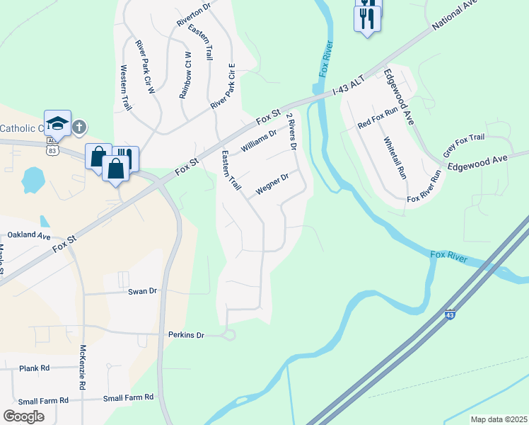 map of restaurants, bars, coffee shops, grocery stores, and more near 516 Eastern Trail in Mukwonago