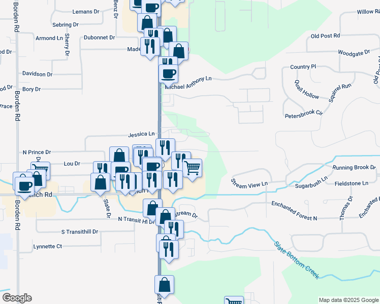 map of restaurants, bars, coffee shops, grocery stores, and more near 4805 Transit Road in Depew